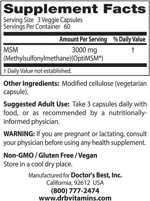Doctor's Best MSM with OptiMSM, Joint Support, Immune System, Antioxidant and Protein-Building Role, Non-GMO, Gluten Free, 1000 mg, 180 Veggie Cap...