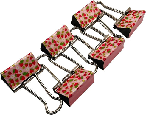 Fun Strawberry Print Binder Clips, 1 1/4"" Size, Set of 6, Red, Pink, Silver...