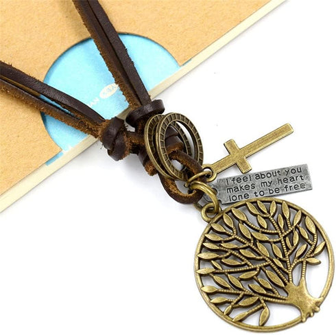 Tree of Life Pendant Necklace Leather Cross Circle Pendant Leather Cord for Women Men Adjustable Tree of Life Leather Cord Pendant Jewelry...