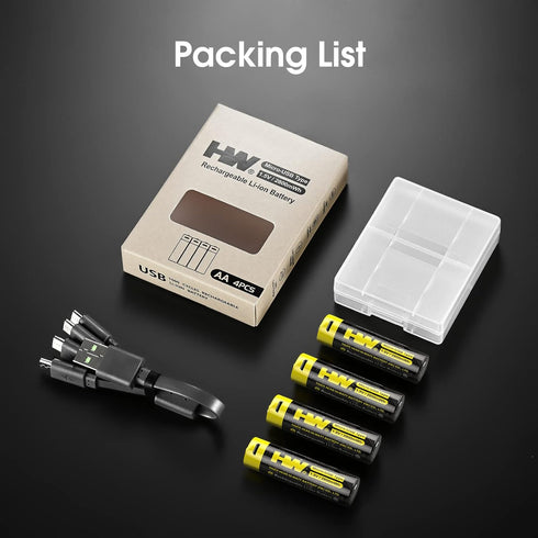 HW USB Rechargeable Lithium AA Batteries 4 Packs, 2800mWh(1860mAh) Li-ion AA Battery Constant Output 1.5V, 2 Hour Fast Charge with USB Cable,1000+...