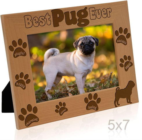 KATE POSH - Best Pug Ever Engraved Natural Wood Picture Frame, Dog Lover, Pug Life, Paws Gifts for Birthdays, Memorial, New Puppy (5x7-Horizontal)...