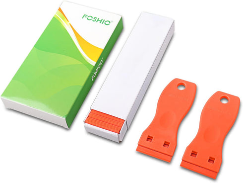 FOSHIO 2PCS Orange Plastic Razor Blade Scraper Tool and 100PCS Orange Plastic Blades for Gasket Remover, Sticker Remover, Labels Decal and Adhesiv...