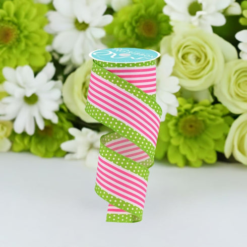 Vertical Stripe & Polka Dot Edge Wired Edge Ribbon - 2.5" x 10 Yards (White, Hot Pink, Lime Green)...