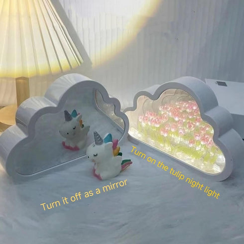 DIY Cloud Mirror Tulip Lamp, Cloud Mirror Tulip Lamp, Newest Bedroom Tulip Double Mirror Lamp, Artificial Flower Bedroom Sleep Table Lamp, Bedroom...
