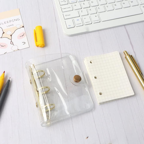 1PC Gold Mini Binder Cover for 3 Ring PVC Loose-Leaf Binder with 80pcs Mini Inner Paper Pockets Clear Soft Notebook Round Ring Binder Protector Sn...