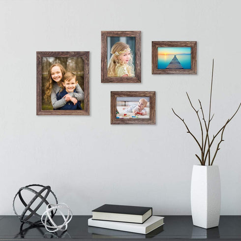 Q.Hou 8x10 Picture Frame Wood Patten Rustic Brown Photo Frames Packs 4 with High Difinition Plexiglass for Tabletop or Wall Decor (QH-PF8X10-BR)...