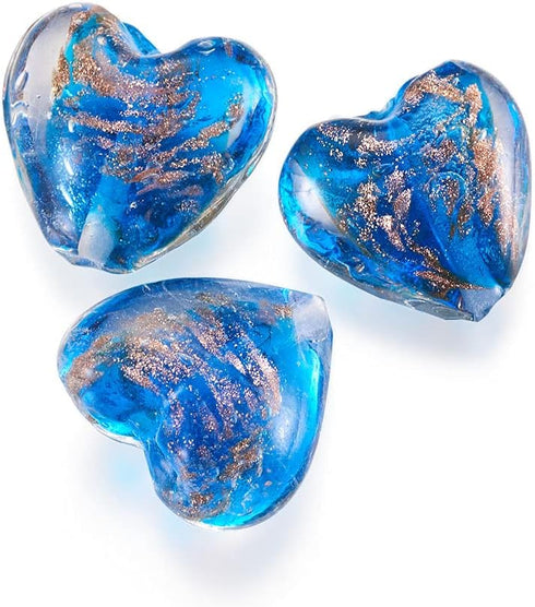 Cheriswelry 10pcs Blue Heart Handmade Goldsans Lampwork Glass Beads Crystal Love Heart Mini Loose Spacer Beads Charms 28x28mm 2mm Hole for DIY Ear...