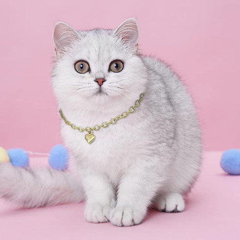 Dog Collar and Cat Chain Necklace Stainless Steel Adjustable 18K Gold Heart-Shaped Necklace for Small Pets Cats Kitten Puppy (Gold, 7 inch)...