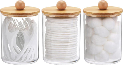 Tbestmax 10 Oz Cotton Swab/Ball/Pad Holder, Qtip Apothecary Jar, Clear Bathroom Containers Dispenser for Storage 3 Pack Wood Lids...