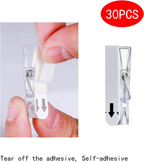 30 Pieces Hanging Wall Clips with Sticky Strips, 1.4*0.3IN Plastic Hanging Clips for Pictures Poster Photo Halloween Christmas Decorations (Clear?...