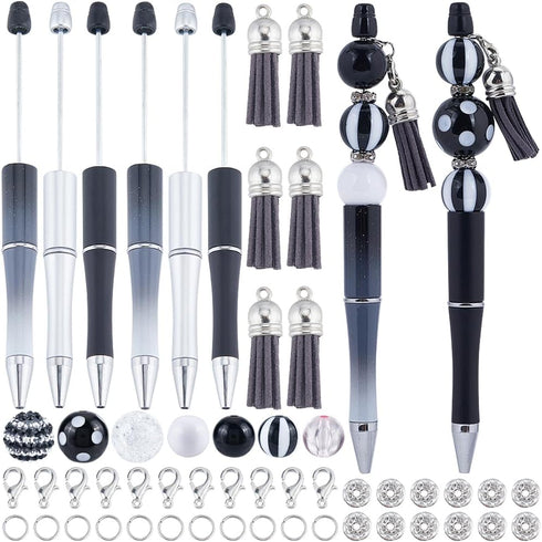 SUNNYCLUE DIY 12 Sets Beadable Pen with Beads Black White Acrylic Bead Pen Making Kit 20mm Rhinestone Bubblegum Beads Ballpoint Pens Beaded Pen Su...
