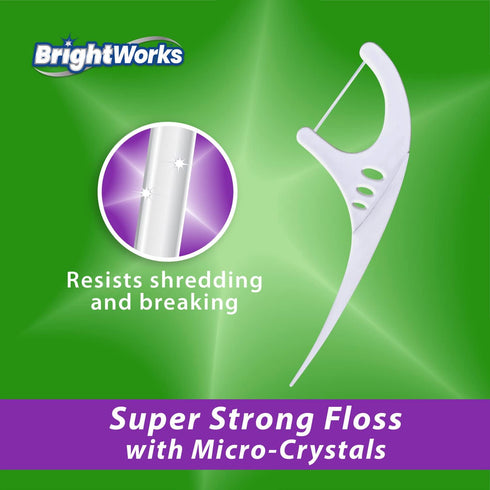 225 Piece BrightWorks Fresh Mint + Whitening Dental Flossers with plant-based handles, Super-Strong Floss and Mint-Flavored Floss with Micro-Cryst...