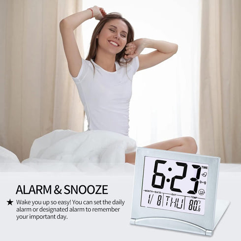 Small Digital Travel Alarm Clock Battery Operated, Portable Large Number Display Loud Alarm Clock with Temperature, Night Backlight, 12/24 H Desk ...
