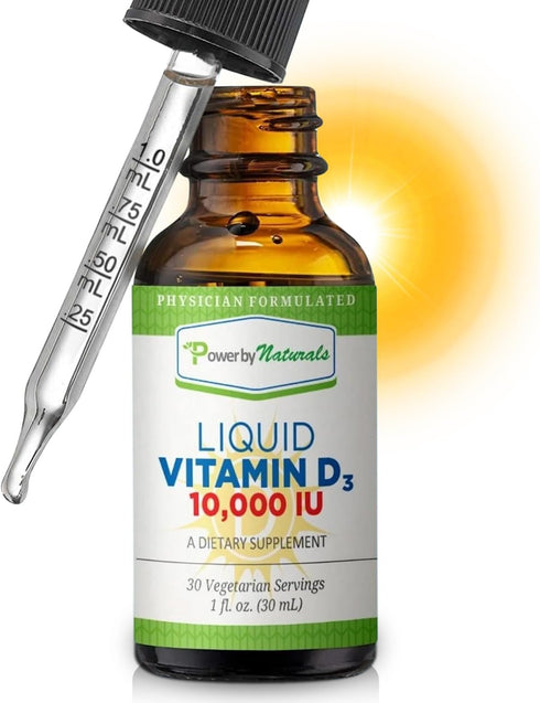 Power By Naturals Vitamin D3 Liquid Drops 10000 IU - High-Potency Vitamin D3 for Adult Bone Strength & Immune Support - Gluten-Free, Non-GMO, Suga...