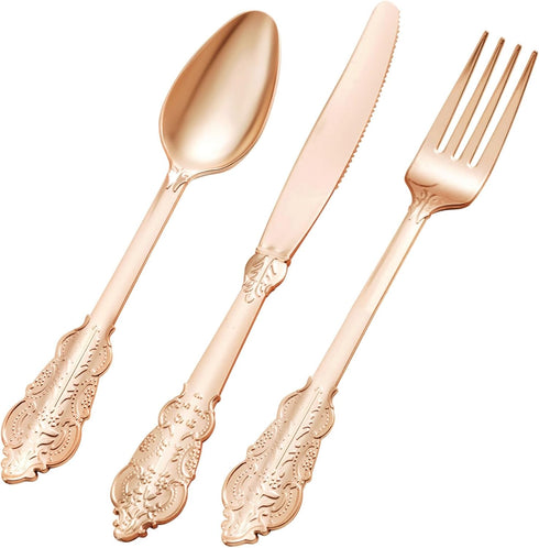 75PCS Rose Gold Plastic Silverware for 25 Guests, Heavy Duty Rose Gold Disposable Utensils Sets, Includes 25 Forks, 25 Spoons, 25 Knives, Elegant ...