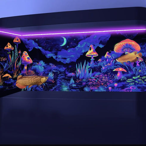 30X18IN Blacklight Mushroom Flower Black Light Aquarium Background, UV Fish Tank Background Moonlight Mountain Forest Landscape Terrarium Backgrou...