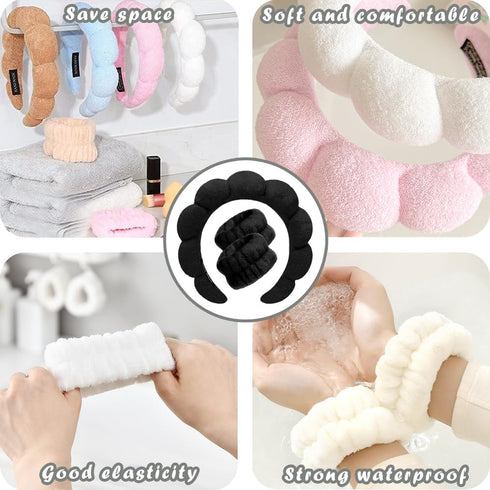 Spa Headbands for Washing Face Wristband Set Sponge Makeup Skincare Headband Wrist Towels Bubble Soft Terry Towel Cloth Hairband for Women Puffy H...