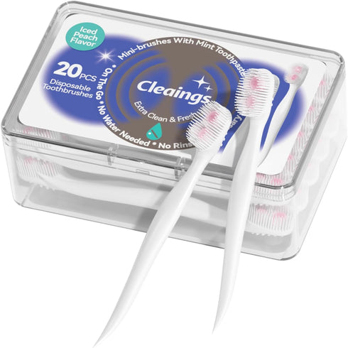 cleaings® Mini Brushes-Disposable Toothbrushes with Double Cleaning Beads Toothpaste and Pick for Daily Life or Travel, 20 Count-Peach Flavor?Pack...