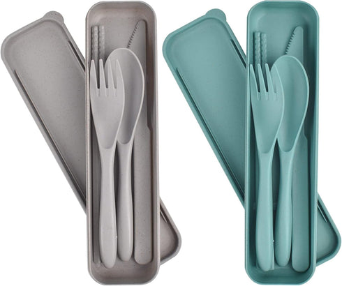 Travel Utensils with Case, 2 Sets Wheat Straw Cutlery Set, Camping Utensils for Lunch Box, Reusable Plastic Utensil Set Knife Spoon Fork Chopstick...