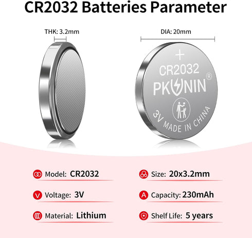 PKUNIN CR2032 Lithium 3V Coin Battery, CR2032 3V Battery for Key Fob, CR2032 Lithium Battery, 2032 Battery 5 Pack...
