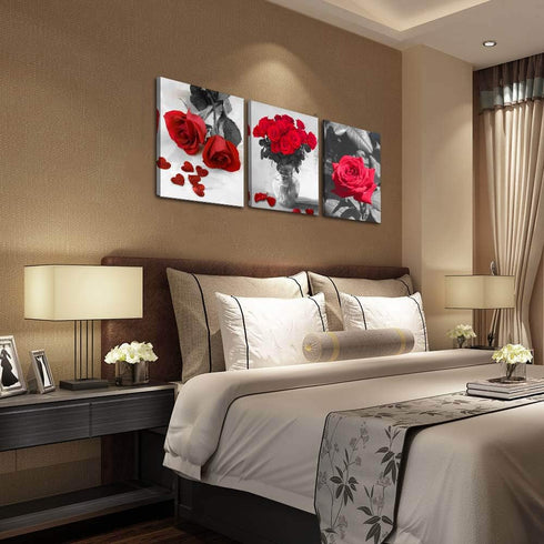 Ardemy Red Rose Canvas Wall Art Flowers Pictures Bathroom Decor, Black White Florals Painting Modern Romantic Framed for Bedroom Living Room Dinni...