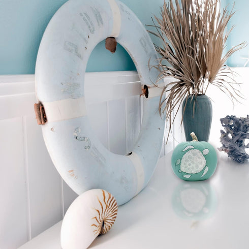 Needzo Turquoise Faux Pumpkins Nautical Bathroom Decor for Vacation Homes, Fall at The Beach Fake Pumpkin with Glittery Painted Turtle, 7 Inches...