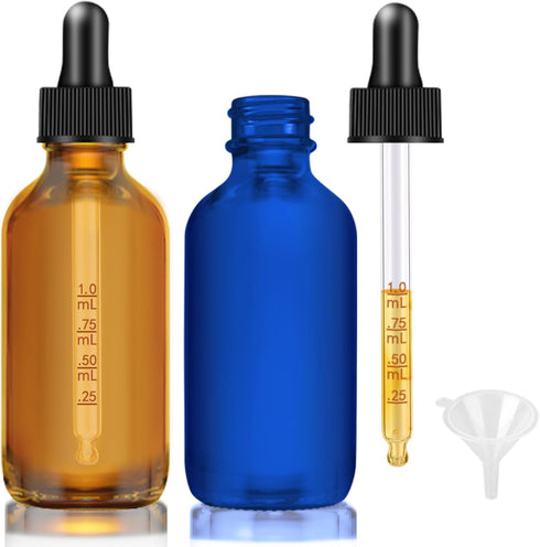 Glass Dropper Bottles, 2 oz Amber and Blue Dropper Bottle for Essential Oils Bottles with Funnel, Labels & Pipette, 2 pack Eye Tincture Bottle wit...