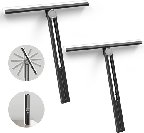 Shower Squeegee 2 Packs for Glass Doors, All-Purpose 360° Rotating Black Silicone Scraper Cleaner Tool for Tile, Walls, Mirror, Car Window, Counte...