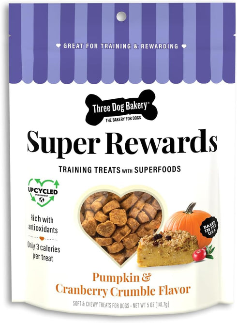 Three Dog Bakery Soft and Chewy Super Rewards with Superfoods Dog Treats, Low Calorie Dog Training Treats for Dogs, Pumpkin & Cranberry Crumble Fl...