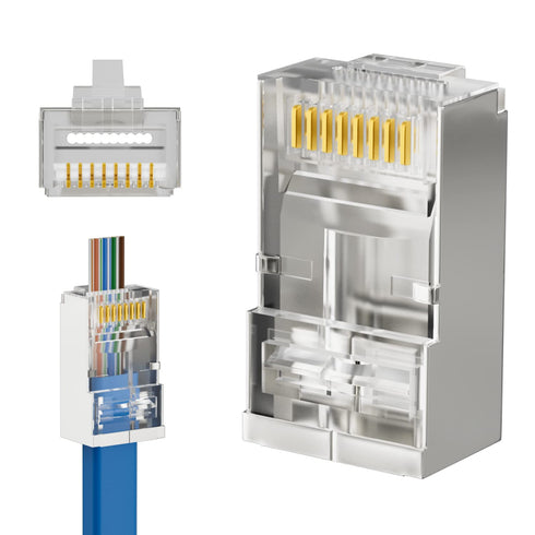 iwillink 100 Pack Shielded RJ45 Cat6 Pass Through Connectors, Ethernet Cable Crimp Connectors STP Network 3 Prong 8P8C 50U Gold Plated Modular Plu...