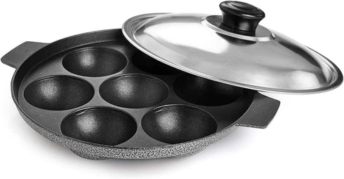 D&Y Aluminium Non Stick Cookware Gas Stove Compatible Appam Patra Paniyarakkal Appam Pan Appa Chetty Paniyaram Pan with Lid Pancake Pop Maker Tako...
