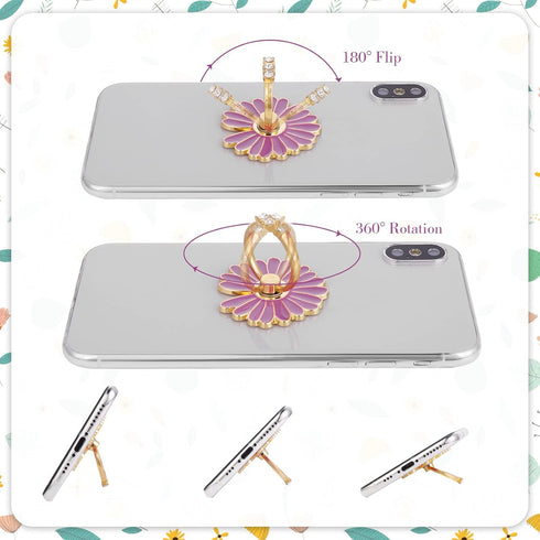 Cell Phone Ring Holders, 4 Pcs Cute Daisy Finger Kickstands Metal Round 180°/360° Rotation Hand Grip with Knob Loop Phone Ring Grips Compatible wi...