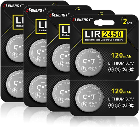 Rechargeable CR2450 Batteries 3.7V High Capacity 120mAh Lir2450 Battery 8 Pack...