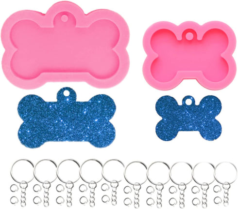 32Pcs Bone Silicone Resin Mold Keychain Pendant with 10 Key Rings and 20 8mm Split Rings Expoy Resin Casting Mold Jewelry Making DIY Creative Hand...