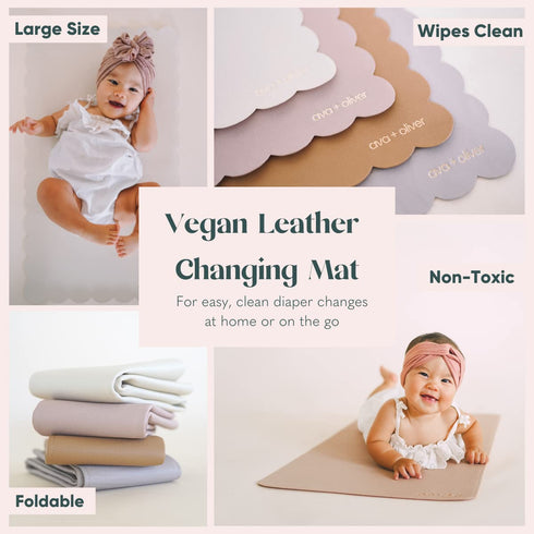 Vegan Leather Baby Changing Mat (16 X 30 in) - Multipurpose Wipeable and Portable Diaper Mat - Foldable for Travel (Tan)...