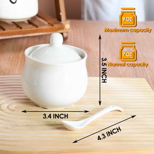 Ceramic Sugar Bowl with Lid and Spoon, Porcelain Salt Storage Jar, White Seasoning Container for Home and Kitchen, 7 Ounces (White)...