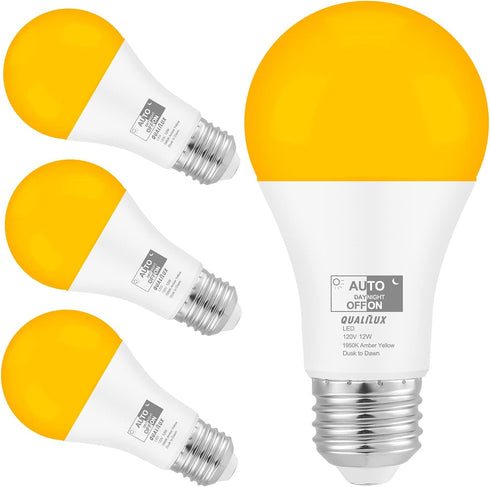 Dusk to Dawn Bug Light Bulbs Outdoor, 1900K Amber Yellow, 800 Lumen, LED 12W, A19 E26, 4-Pack, HQ-H020...