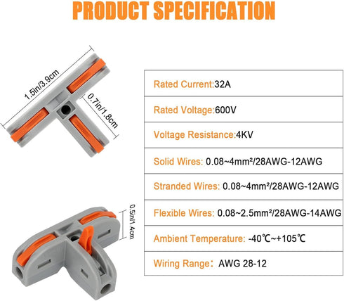 EEEKit 30Pcs Compact Wire Conductor Connector, T-Shape Lever Nut Wire Connector, Quick Splitter 3 Way Electrical Connectors, AWG 28-12...