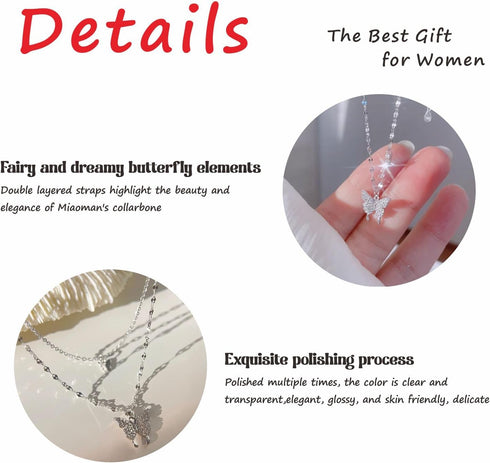 Tatibana Sterling Silver Butterfly Necklace, Vintage Layered Crystal Necklace for Women & Teen Girls, 925 Silver Choker with Double Butterfly Pend...