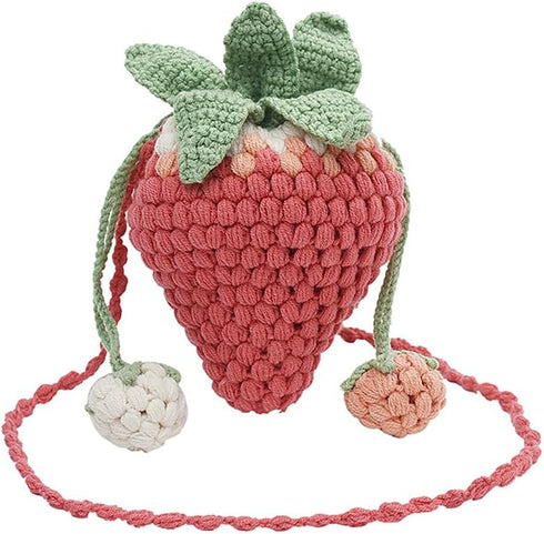 Handmade Knitted Purse Wool Woven Bag Strawberry Shaped Shoulder Bag for Women Crossbody Bag with Drawstring...