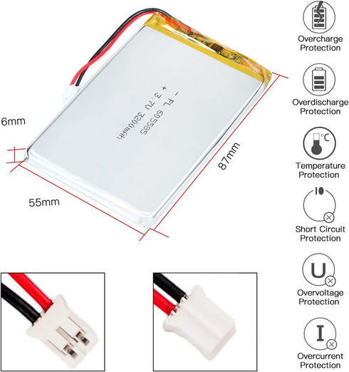 3.7V 3200mAh Battery 605585 Lithium Polymer Ion Rechargeable Li-ion Li-Po Battery with 2P PH 2.0mm Pitch Connector...