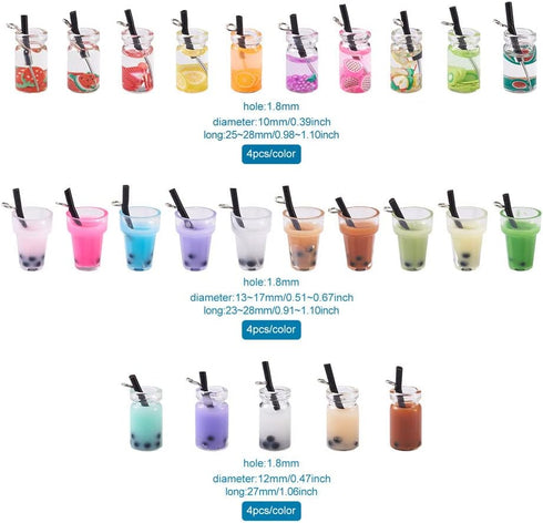 Cheriswelry 100pcs Glass Bottle Pendants Resin Fruit Juice Charms Colourful Drink Cup Milk Tea Dangle Pendants with Loop Hang Ornament Decoration ...