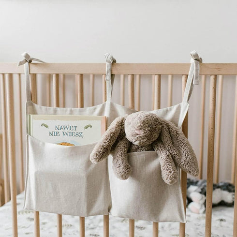 Linen Baby Bedside Hanging Storage Bag,2 Pockets Organizer for Baby Cribs and Toys (Burlywood)...
