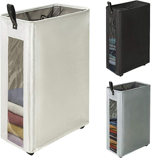 ZERO JET LAG 25 Inches Slim Laundry Storage Hamper - Large Rolling Clothes Hamper - Rolling Storage Bin - Tall Corner Basket - Clear Window Visibl...