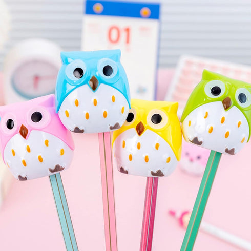 4pcs Cute Owl Pencil Sharpener with Dual Holes, Cartoon Animal Plastic Colored Cat Manual Handheld Small Compact Sharpeners for Student Kids Schoo...