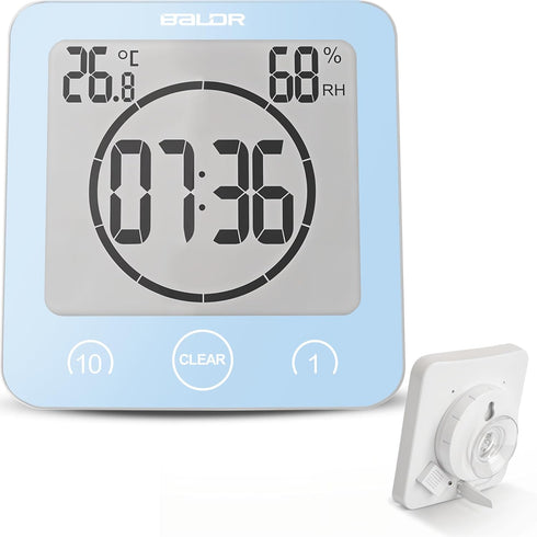BALDR Digital Shower Clock - Blue - Water-Resistant Shower Countdown Timer with Temperature and Humidity, Digital Clock for Shower, Bathroom Clock...