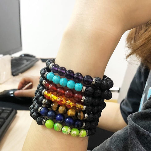 YISSION 7 Chakra Bracelets for Women Men, Essential Oil Beaded Bracelets, Lava Rock Natural Stone Yoga Bracelet Stretch Bracelet Set...