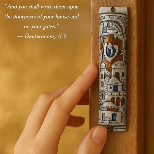 TALISMAN4U Silver Enamel Jewish MEZUZAH CASE with Scroll Jerusalem Israel Judaica Door Mezuza 4 Inch...