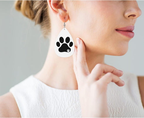 Dog Paw Print Faux Leather Earrings Black Dog Pet Kitten Footprint Teardrop Leather Dangle Earrings Women Earrings For Wedding Bridal...