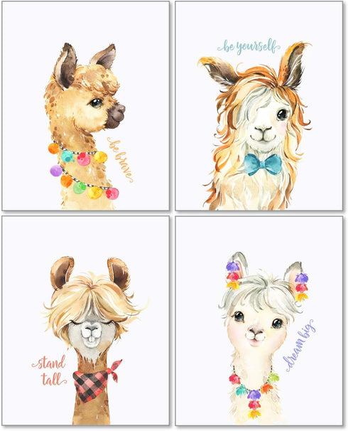 Confetti Fox Llama Nursery Wall Art Decor - 8x10 Unframed Set of 4 Prints - Kids Cute Alpaca Baby Animal Pictures Quotes - Dream Big Stand Tall Be...